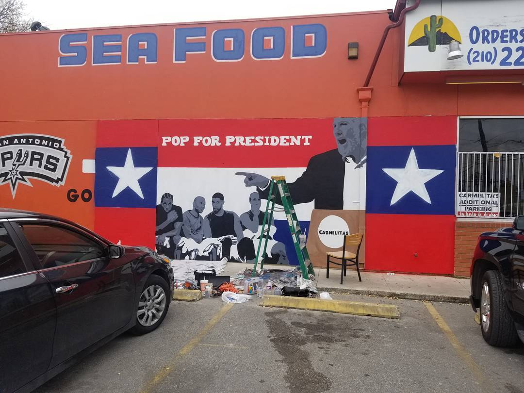 mural in San Antonio by artist Albert Gonzales. Tagged: political, San Antonio Spurs, sports
