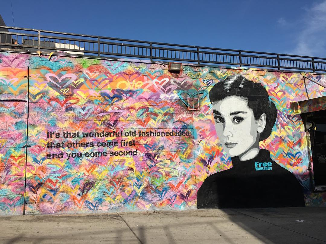 mural in Los Angeles by artist Free Humanity. Tagged: Audrey Hepburn