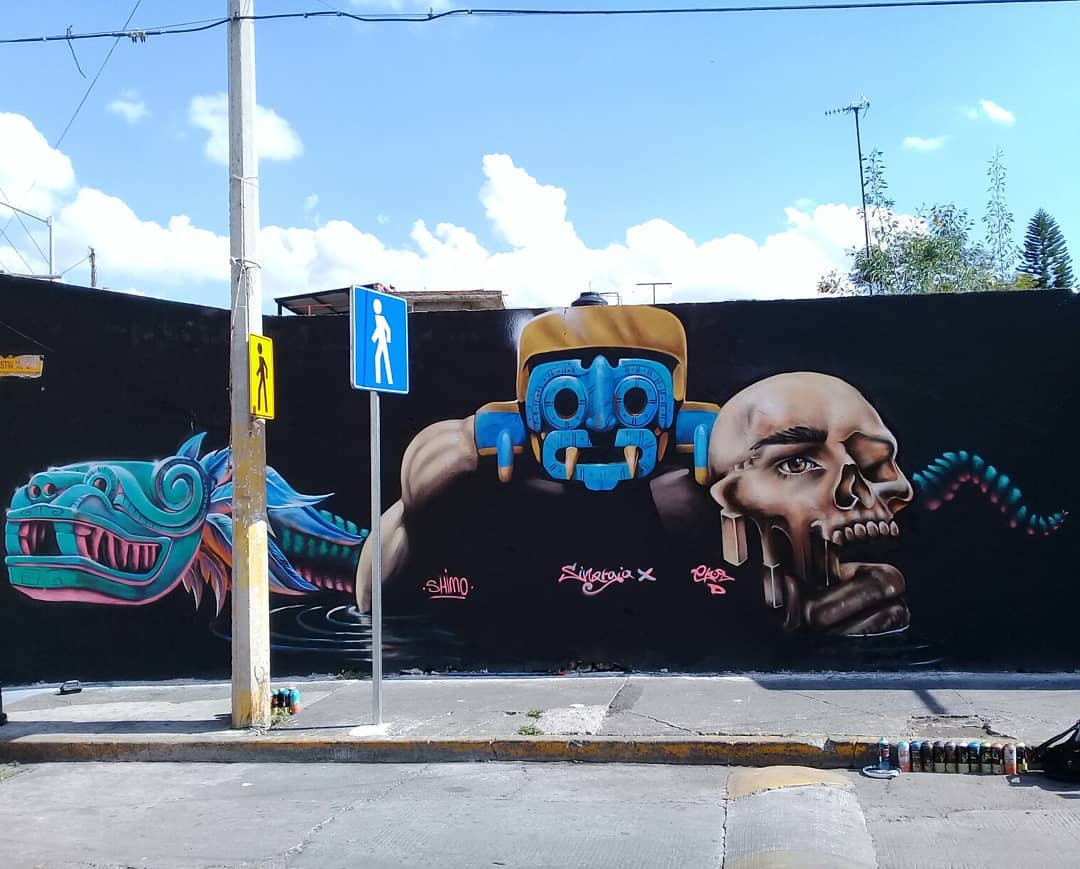 mural in Uriangato by artist Shimo. Tagged: Quetzalcoatl, Tlaloc