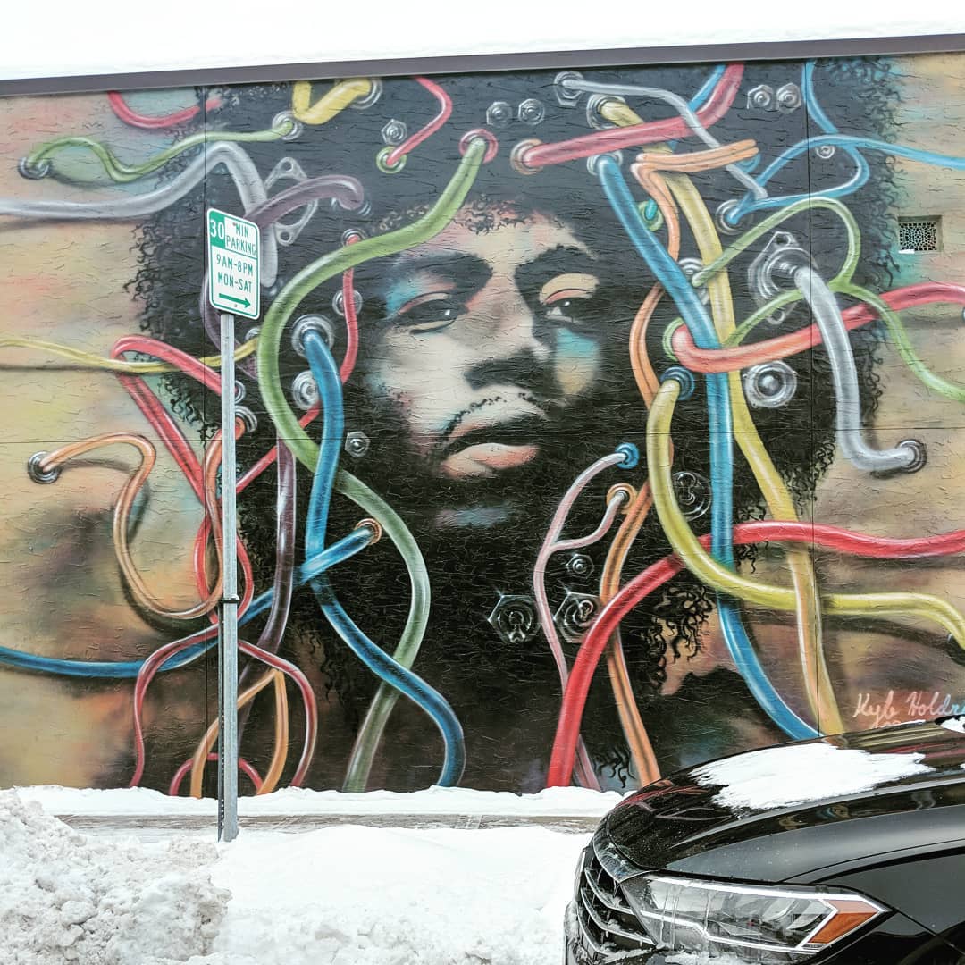 mural in Minneapolis by artist Kyle Holdridge. Tagged: Jimi Hendrix, music