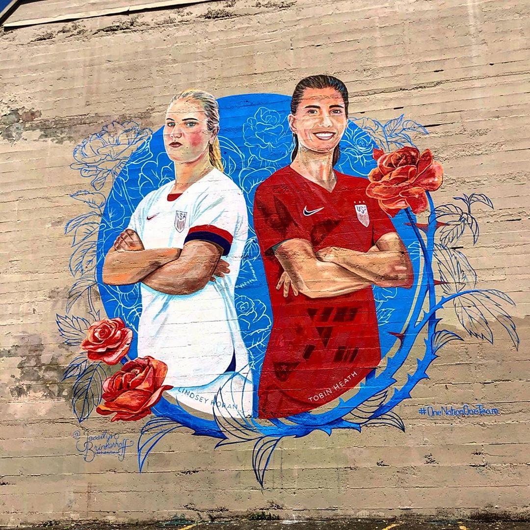 mural in Portland by artist Jessilyn Brinkerhoff. Tagged: Lindsey Horan, soccer, sports, Tobin Heath, USWNT